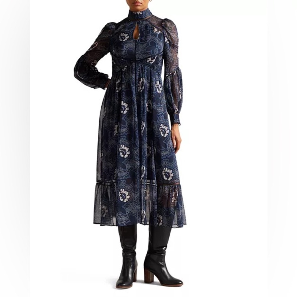 NWT Ted Baker Deluna Ladder Trim Insert High Neck Midi Dress